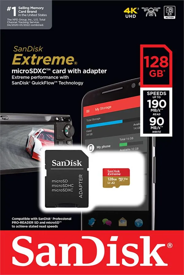 Карта пам'яті SanDisk microSD  128GB C10 UHS-I U3 R190/W90MB/s Extreme V30 + SD