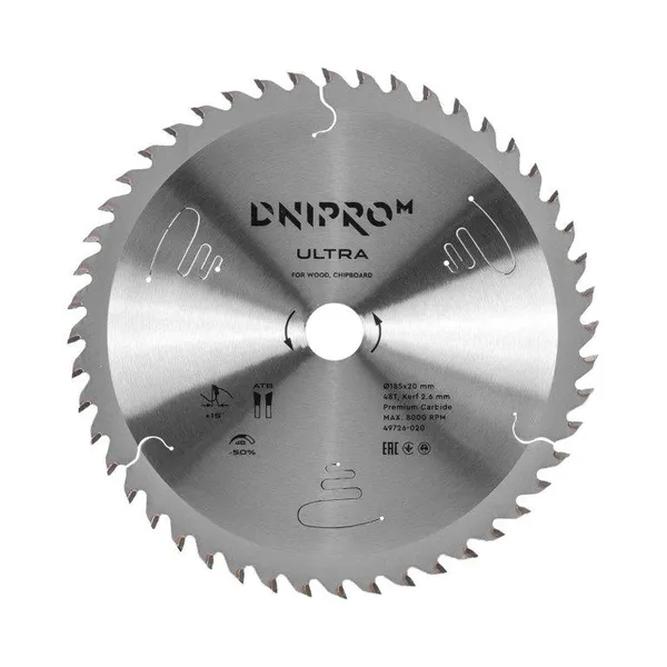 Пильный диск Dnipro-M ULTRA 185 мм 20 16 65Mn 48Т (по дереву, ДСП) фото №1