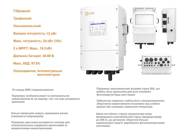 Гибридный инвертор трёхфазный Solis S6 12кВт, 2xMPPT, DC, для LV Batteries