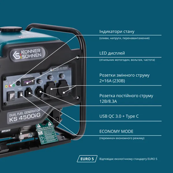 Замовити Генератор газобензиновий інверторний Konner&Sohnen KS 4500iG, 230В, 4.5кВт, ручний стартер, 33.5кг з доставкою