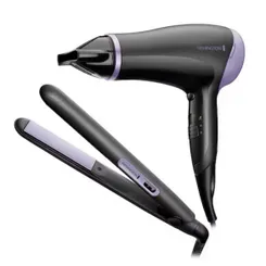 Фен + выпрямитель Remington Style Essentials набор, 2000Вт, режимов-3, фен D3010 + щипцы для волос S1450, фиолетово-черный фото