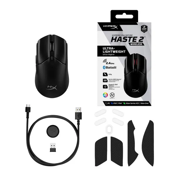 Мишь HyperX Pulsefire Haste 2, RGB, USB-A/WL/BT, черный