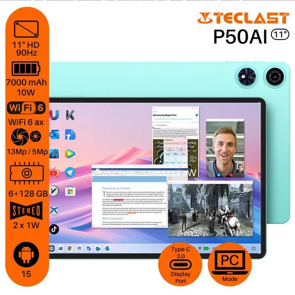 Планшет Teclast P50AI 11" 6ГБ, 128ГБ, 7000мА•ч, Android, голубой