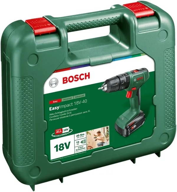 Заказать Шуруповерт-дрель аккумуляторная Bosch EasyImpact 18V-40 18В 1х2А·час 20·38Нм 0-430·0-1630об·мин кейс ЗП 1.4кг с доставкой