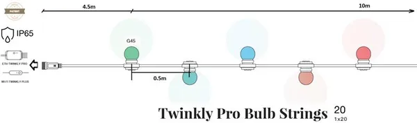 Smart LED Гирлянда Twinkly Pro Strings RGB 20, G45 лампы, IP65, AWG22 PVC, черный