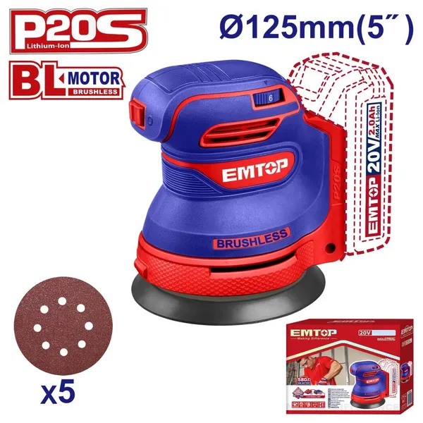 Шлифмашина эксцентриковая аккумуляторная EMTOP ELROS2002 (без АКБ и ЗУ)