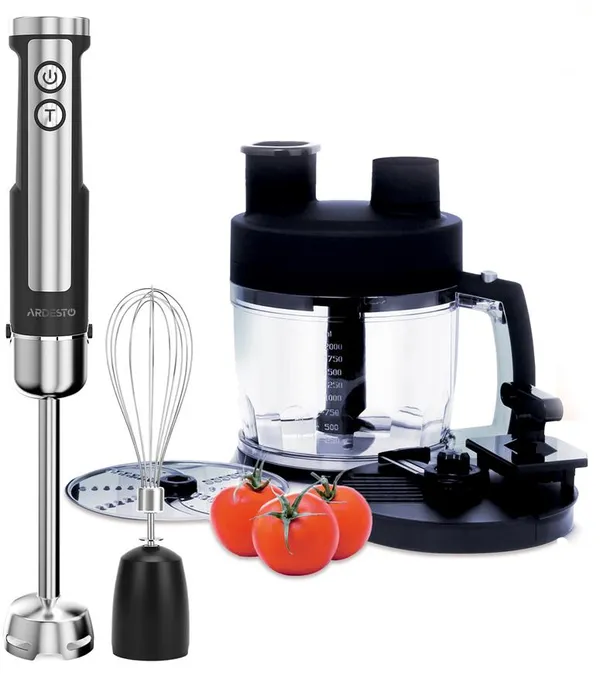 Блендер ARDESTO погружной 1000Вт, 7в1, чаша-2000мл, насадка для нарезания кубиками, черно-серебристый