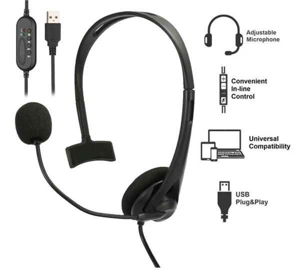 Гарнітура ПК моно On-ear 2E CH11 USB, omni-mic, 2м, чорний