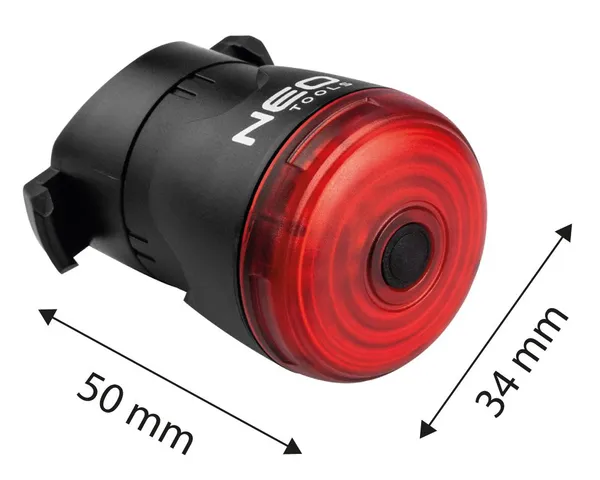 Фонарь велосипедный Neo Tools задний, 30 люмен, 0.5Вт, USB, 400мА·ч, 6 функций освещения, функция STOP, IPX6