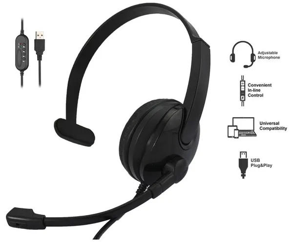 Гарнитура ПК моно On-ear 2E CH12 USB, omni-mic, 2м, черный