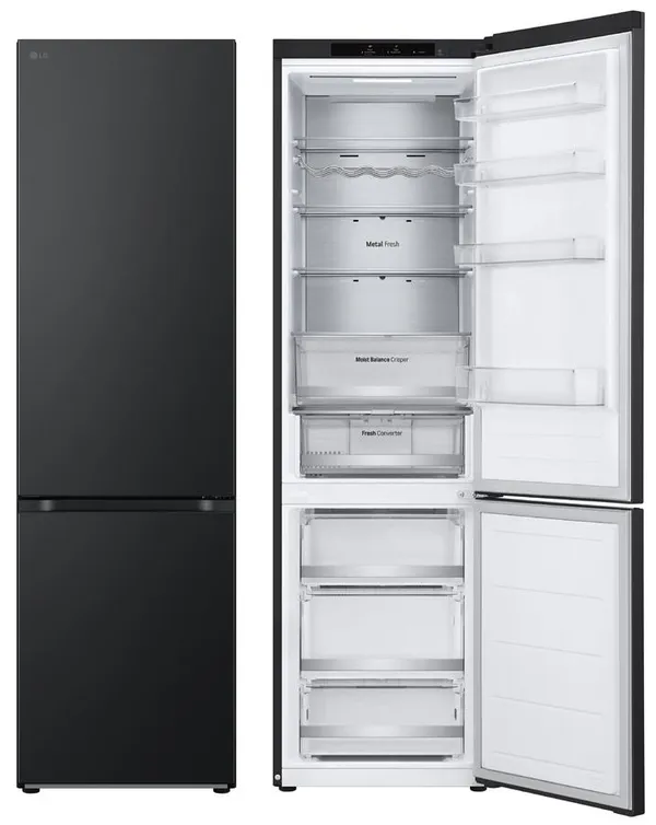 Холодильник LG с нижн. мороз., 203x60х68, холод.отд.-277л, мороз.отд.-107л, 2дв., А++, NF, инв., диспл внутр., Fresh Сonverter, Metal Fresh, черный