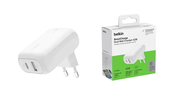 Зарядний пристрій мережевий Belkin 42Вт USB-C PD PPS 30Вт, USB-A 12Вт, білий