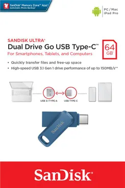 Накопичувач SanDisk   64GB USB 3.1 Type-A + Type-C Ultra Dual Drive Go Синій фото