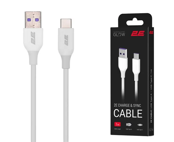 Кабель USB-A > USB-C заряджання/синхронізації 2E 1м, Type-C, Glow, білий