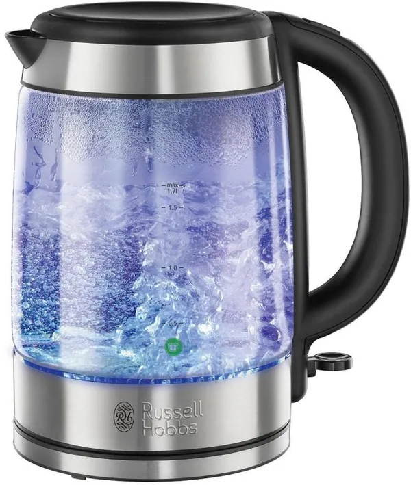 Электрочайник Russell Hobbs Glass, 1.7л, стекло, подсветка, серебристо-черный