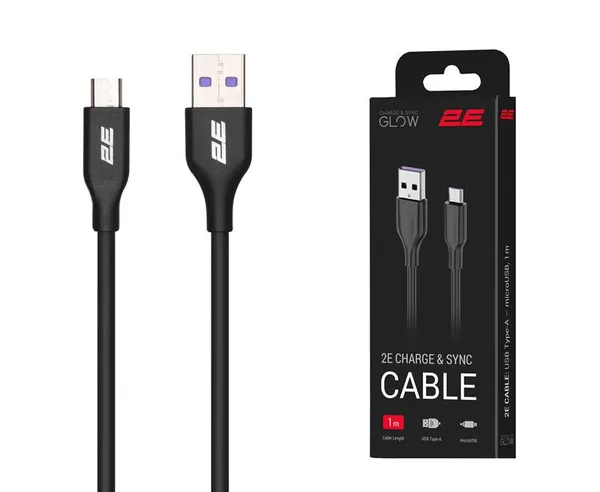Кабель USB-A > microUSB заряджання/синхронізації 2E 1м, Glow, чорний
