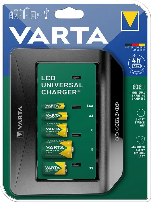 Зарядное устройство Varta LCD Universal Charger Plus, для АА/ААА/C/D, 9V аккумуляторов