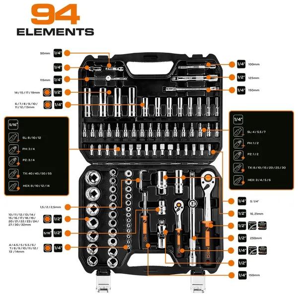 Набор инструментов Neo Tools, набор торцевых головок, 94шт, 1/2", 1/4", CrV, кейс фото №5