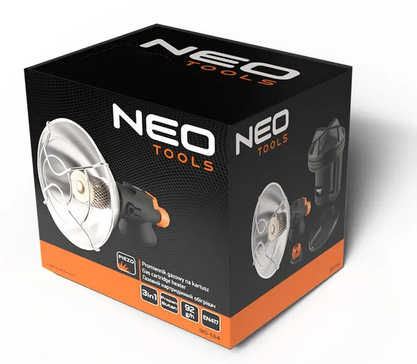Обогреватель газовый туристический Neo Tools, 92г/час, картриджный, регулятор, пьезоподжиг, черный заказать