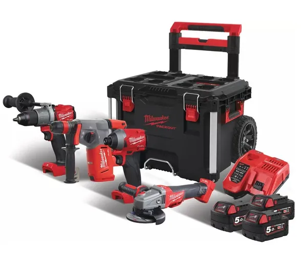 Набір інструментів акумуляторних MILWAUKEE, M18FPP4B-503P (зарядний пристрій М12-18 FC, 3 акумулятори M18 B5 5Аг, дриль-шурупове