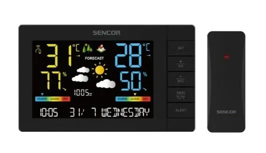 Метеостанція Sencor, внутр/зовн вимірювання, від мережі/AAx3+AAx2, темп-ра, вологість, час, прогноз погоди, атмосферний тиск, чорний