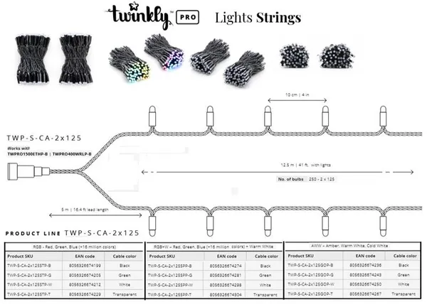 Smart LED Гирлянда Twinkly Pro Strings RGB 250,  двойная линия, AWG22, IP65, черный