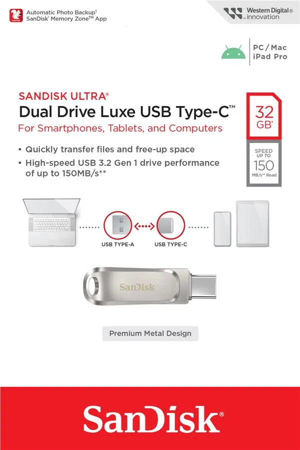 Накопичувач SanDisk   32GB USB 3.1 Type-A + Type-C Dual Drive Luxe Срібний