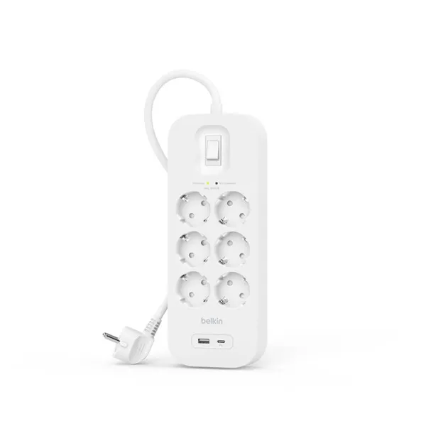 Удлинитель-фильтр сетевой Belkin 6хТип F, 3x1.5мм кв, 16А, USB-A/USB-C 18Вт, защитой от перенапряжения, 2м, белый