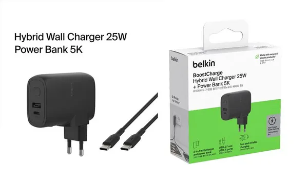 Зарядное устройство сетевое Belkin 25Вт USB-С PD, PowerBank 5000мАч, кабель USB-C > USB-C, 1м, черный