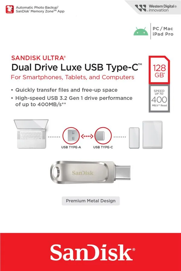 Накопичувач SanDisk  128GB USB 3.1 Type-A + Type-C Dual Drive Luxe Срібний