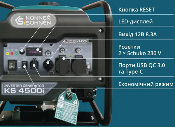 Генератор бензиновый инверторный Konner&Sohnen KS 4500i, 230В, 4.5кВт, ручной стартер, 33кг с доставкой