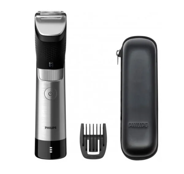 Триммер Philips Beard trimmer 9000 Prestige для бороды и усов, сеть+акум., насадок-1, чехол, сталь, черно-серебристый