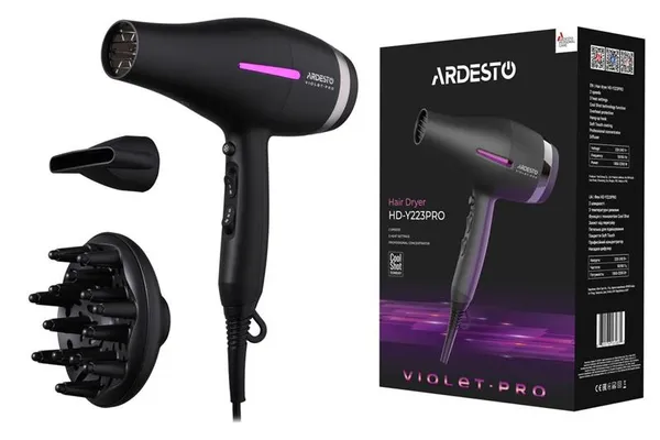 Фен Ardesto Violet PRO HD-Y223PRO, 850-2200Вт, 2 скорости, 3 темп.режима, диффузор, черный