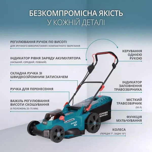 Купити Газонокосарка акумуляторна Konner&Sohnen KS 43LM-40V 40В(20+20) акб 2?4А·год 43см 50л 25-75мм 15.5кг зі знижкою