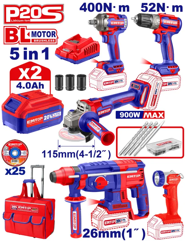 Набір інструментів акумуляторних EMTOP ECKL2058 (АКБ + ЗП)