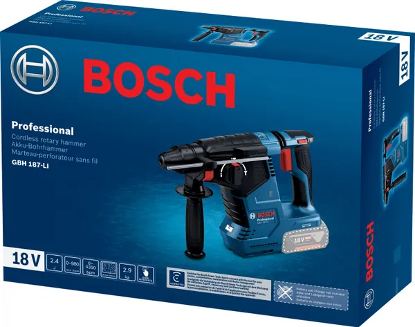 Купити Перфоратор акумуляторний Bosch Professional GBH 187-LI SDS-Plus 18В 2.4Дж 2.9кг без АКБ та ЗП