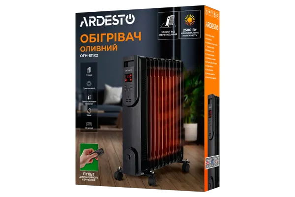 Обігрівач оливний ARDESTO, 25м2, 2500Вт, електр. упр-ння, 11 секцій, пульт ДК, чорний купити в Україні