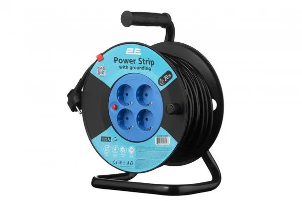 Удлинитель сетевой 2E REEL 20м, 4xТипF, 16A, чёрно-синий