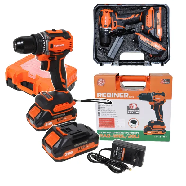 Бесщеточный аккумуляторный шуруповерт Rebiner RAD-18BL в кейсе (2 АКБ)