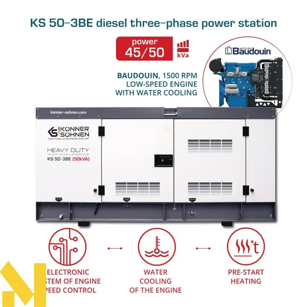 Генератор дизельный Konner&Sohnen KS 50-3BES, 230/400В, 50/45кВт, электростартер, двигатель Baudouin, 967кг цена в Украине