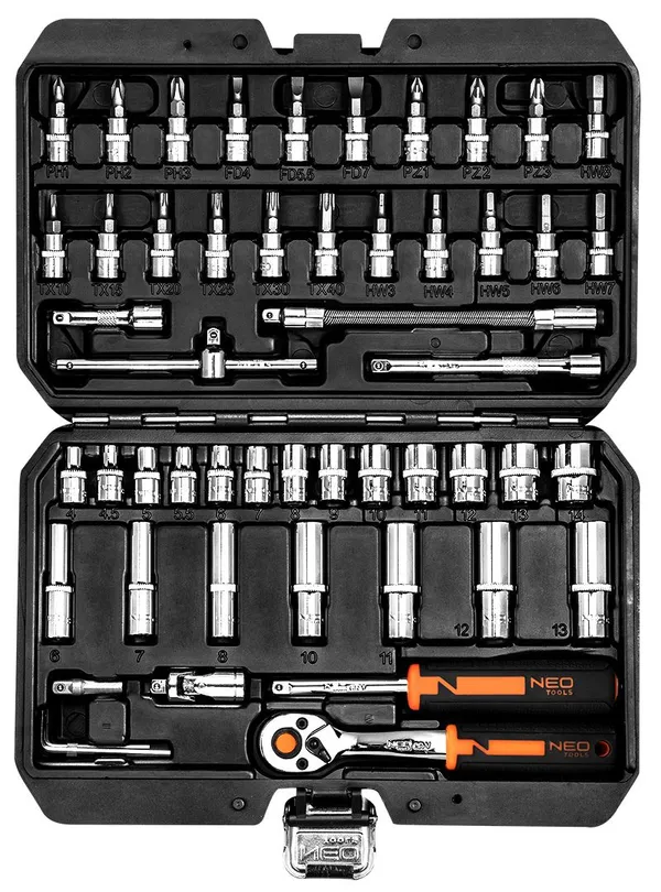 Набір інструментів Neo Tools, набір торцевих головок, 53 шт, 1/4", CrV, кейс фото №2