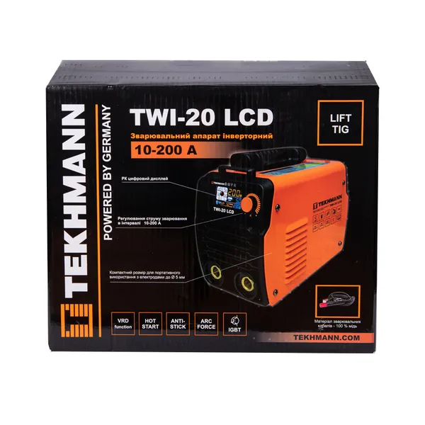 Зварювальний апарат інверторний Tekhmann TWI-20 LCD 200А 9.8кВт 220-230В Hot start 3.5кг купити онлайн