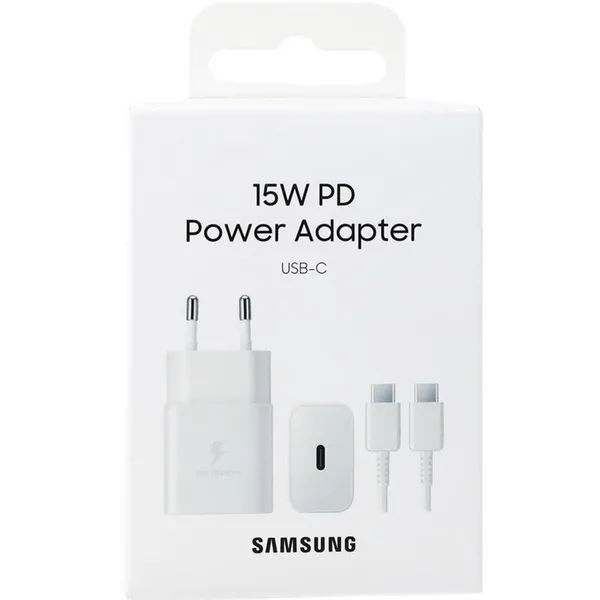 Зарядное устройство сетевое Samsung 15Вт USB-С, кабель USB-C > USB-C, 1м, белый