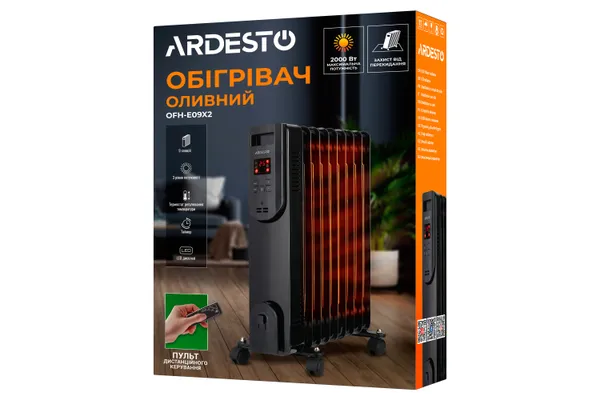 Масляный радиатор ARDESTO, 20м2, 2000Вт, электр. упр-ние, 9 секций, пульт ДУ, чёрный цена в Украине