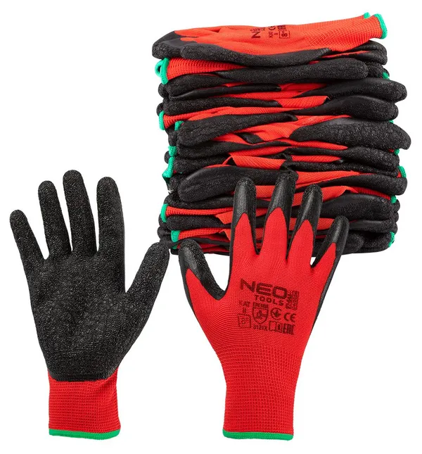 Перчатки рабочие Neo Tools комплект 12шт, полиэстер с латексным покрытием, р.8, красно-черный заказать