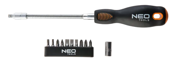 Викрутка Neo Tools битотримач із гнучким стрижнем 1/4", перехідник, 10 біт, SL,PH,PZ,Torx