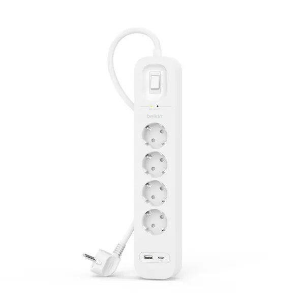 Удлинитель-фильтр сетевой Belkin 4хТип F, 3x1.5мм кв, 16А, USB-A/USB-C 18Вт, защитой от перенапряжения, 2м, белый