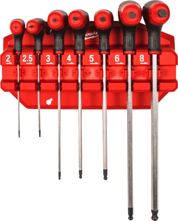 Набір ключів Г-образних MILWAUKEE з комфортною ручкою, Hex з кулькою. (7шт) (2/2,5/3/4/5/6/8мм)