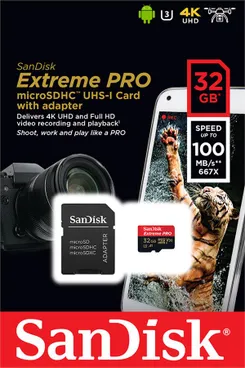 Карта пам'яті SanDisk microSD   32GB C10 UHS-I U3 R100/W90MB/s Extreme Pro V30 + SD фото