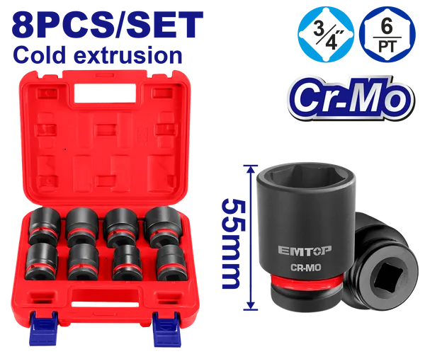 Набор ударных головок 3/4 EMTOP EMSSD34081, 8 шт